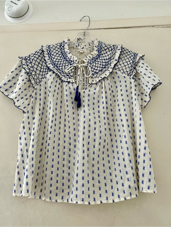 Pilcro Tops - Pilcro White Cotton Blouse with Blue Embroidery